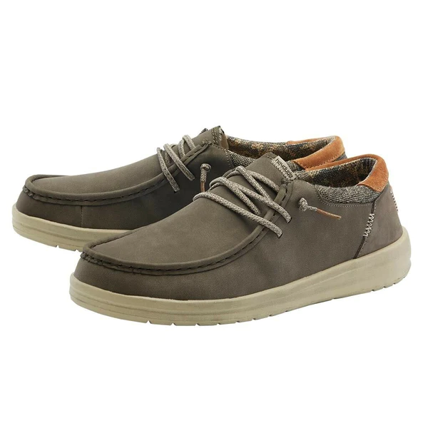 "Pair of Heydude 112291900 casual shoes in gray with light beige soles, brown suede heel patch, and patterned fabric lining, displayed side by side on white background."