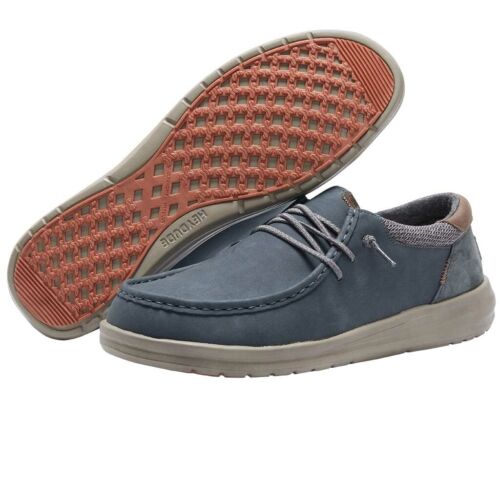"Pair of Heydude 112292623 casual shoes in blue suede with brown accents, grey laces, and beige soles, one shoe showing the sole with a textured orange tread."