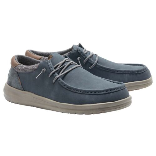 "Pair of Heydude 112292623 casual blue suede shoes with grey laces and beige soles, shown from a three-quarter front view."