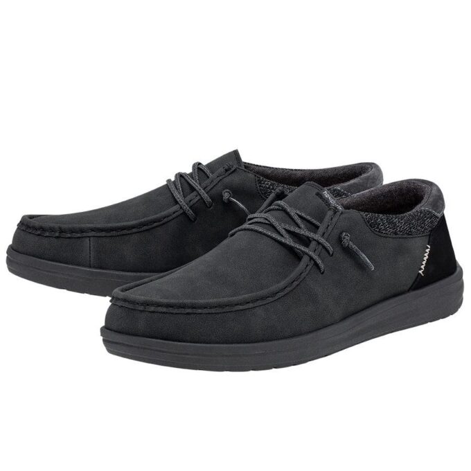 "Pair of Heydude 112294938 men's shoes in solid black, featuring moccasin-style stitching, elastic no-tie laces, and a cushioned low-profile outsole."