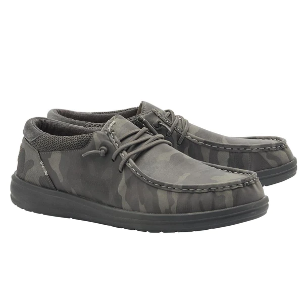 "Pair of Heydude 112297029 men's casual shoes in dark gray camouflage pattern, side view with both shoes positioned upright, featuring gray laces and black soles."
