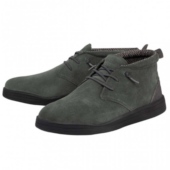 "Pair of Heydude 112378348 men's dark green suede shoes with black soles, black laces, and patterned inner lining, shown at a three-quarter front angle."