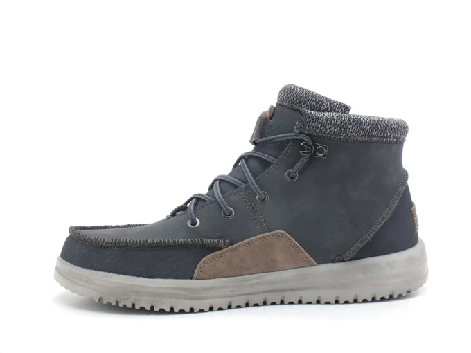 "Side view of a Heydude 113302623 gray ankle boot with lace-up closure, gray knitted collar, brown suede patch on the side, and a light gray sole."