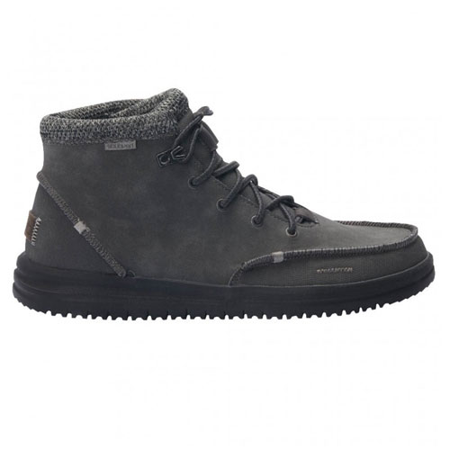 "Side view of a dark gray HEYDUDE high-top boot (model 113303045) with a lace-up closure, knit ankle collar, and black rubber outsole."