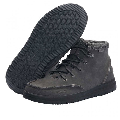 "Pair of dark gray HEYDUDE high-top boots (model 113303045) with one boot showing a honeycomb-patterned sole and the other displaying a lace-up front and knit ankle collar."