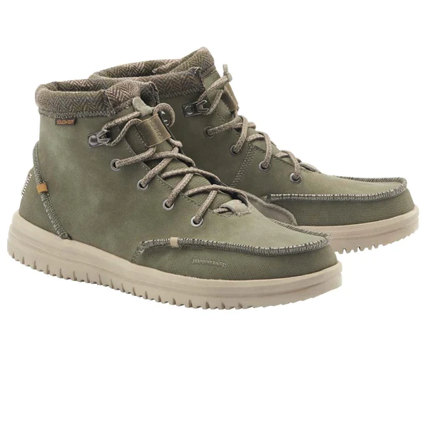 "Pair of olive green Heydude 113308400 ankle boots with beige soles, lace-up closure, padded collars, and fabric detailing on the sides and around the ankle."