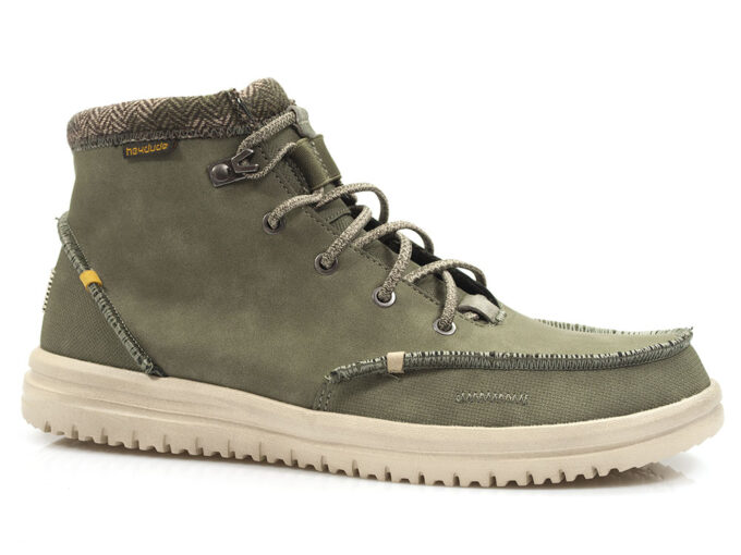 "Side view of olive green Heydude 113308400 ankle boot with lace-up design, beige sole, herringbone-patterned collar, and yellow accent near the heel."