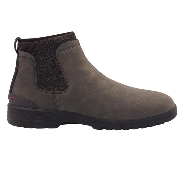 "Side view of Hey Dude men's boot, model 113311900, showcasing an olive-brown suede upper, black knit ankle panel, pull tab, and black rubber sole with low tread."