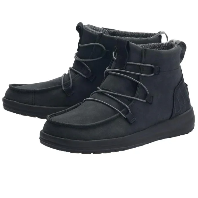 "Angled view of a pair of black Hey Dude men's high-top shoes, model 121894783, featuring bungee cord laces, moccasin-style toe design, and padded fleece interior lining."