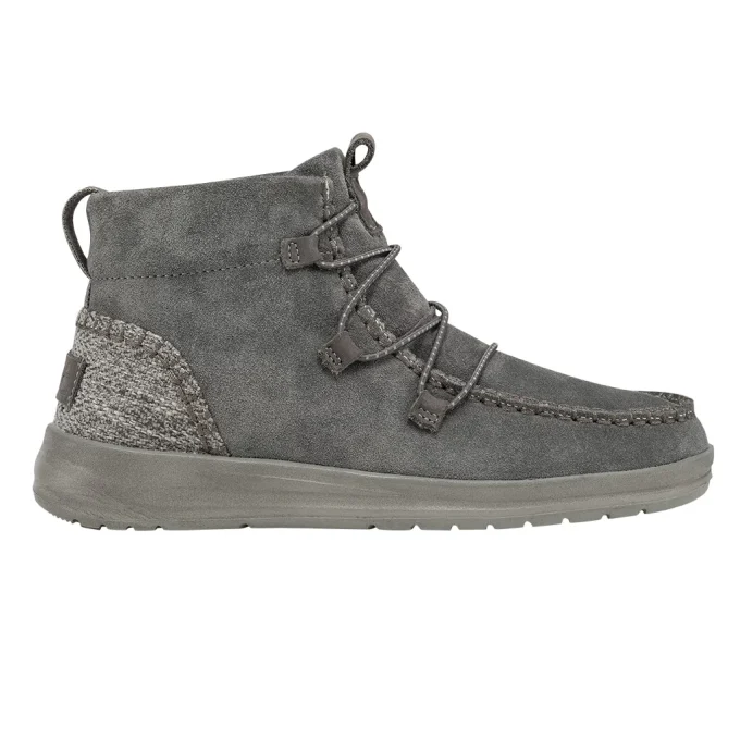 "Side view of Heydude 122014301 men's casual high-top shoe in gray suede with knitted fabric heel panel and gray rubber sole, featuring unique loop-style lacing."