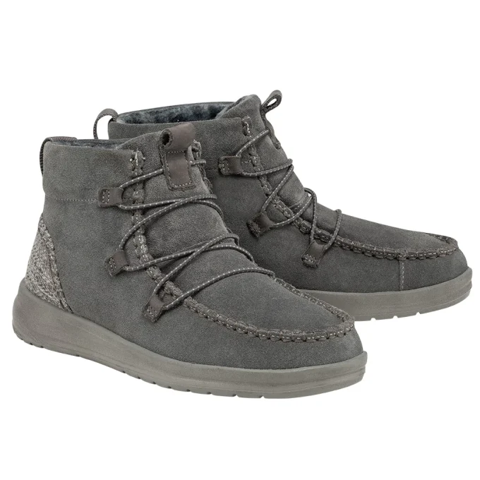 "Pair of Heydude 122014301 casual high-top shoes in gray suede with knitted heel panel and gray rubber sole, featuring unique loop-style lacing and soft interior lining."