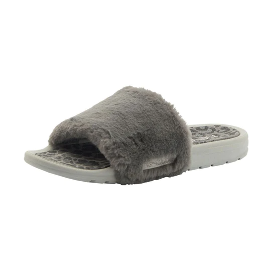 "Gray furry Heydude slide sandal with a leopard print footbed, angled side view."