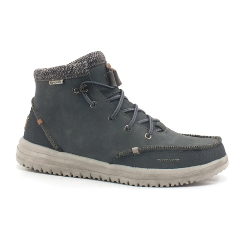 "Side view of a Heydude Bradley Deep Blue casual ankle boot with dark blue suede upper, light gray rubber sole, and lace-up front."