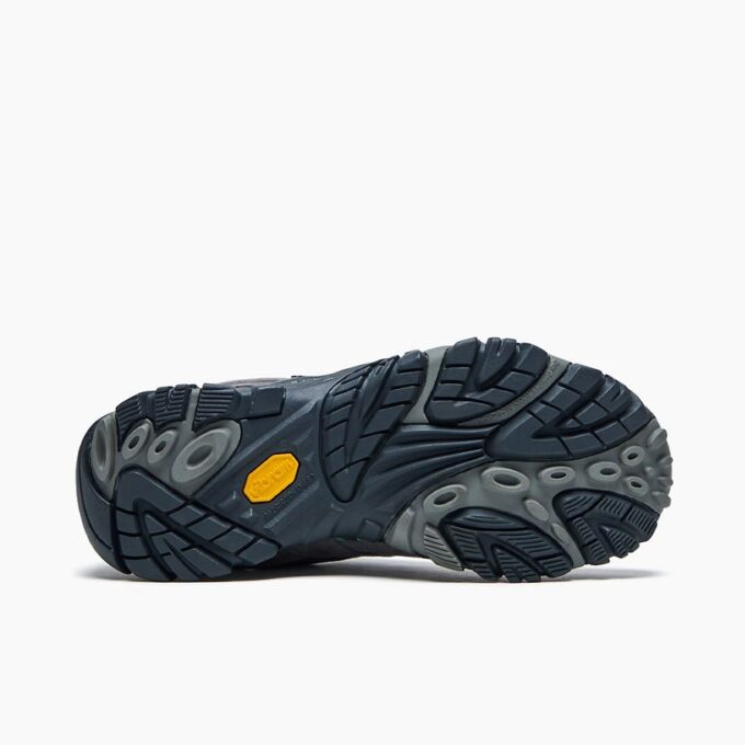 "Bottom view of the Merrell J06028 hiking shoe, highlighting the Vibram® outsole in black and grey with multi-directional lugs and a yellow Vibram® logo for enhanced traction and durability on rugged terrain."