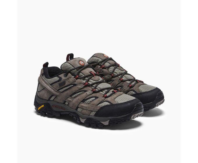 "Pair of Merrell J08871 hiking shoes in brown and grey with black and red details, shown from an angled front view."