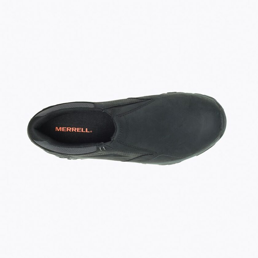"Top view of Merrell J91883 slip-on shoe in black, showcasing the sleek nubuck upper and black insole with orange Merrell branding."