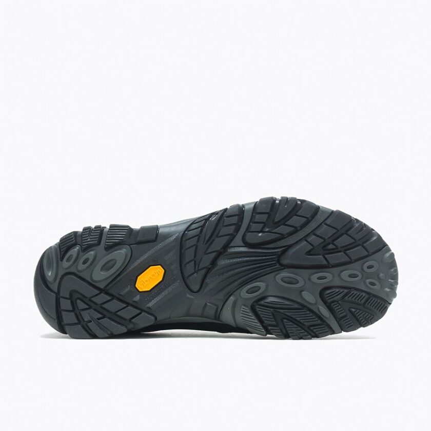 "Bottom view of Merrell J91883 hiking shoe showing the black Vibram outsole with multidirectional lugs and yellow Vibram logo, designed for enhanced traction and durability."