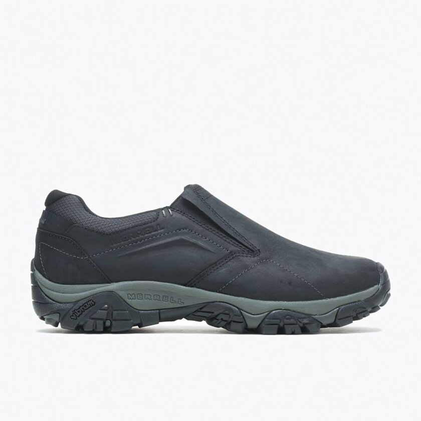 "Side view of Merrell J91883 black slip-on hiking shoe featuring a smooth leather upper, durable Vibram outsole, and grey midsole."