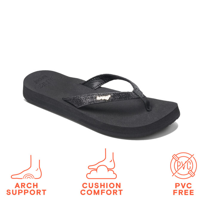 “Top view of Reef RF001392BLA black flip-flop sandal with a thick sole and simple black strap.”
