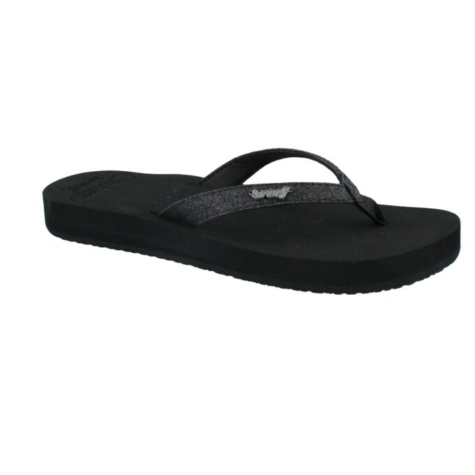 “Side view of Reef RF001392BLA black flip-flop sandal with a thick sole and simple black strap.”