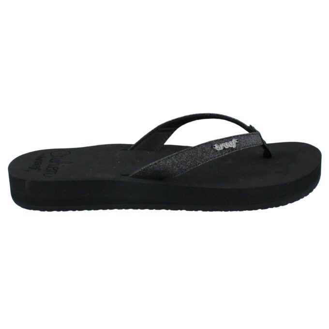 “Side view of Reef RF001392BLA black flip-flop sandal with a thick sole and simple black strap.”