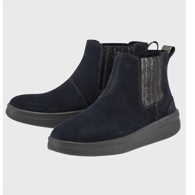 "Pair of Heydude V1C Suede boots in dark navy with black outsoles, featuring stretch side panels and pull tabs for easy wear."