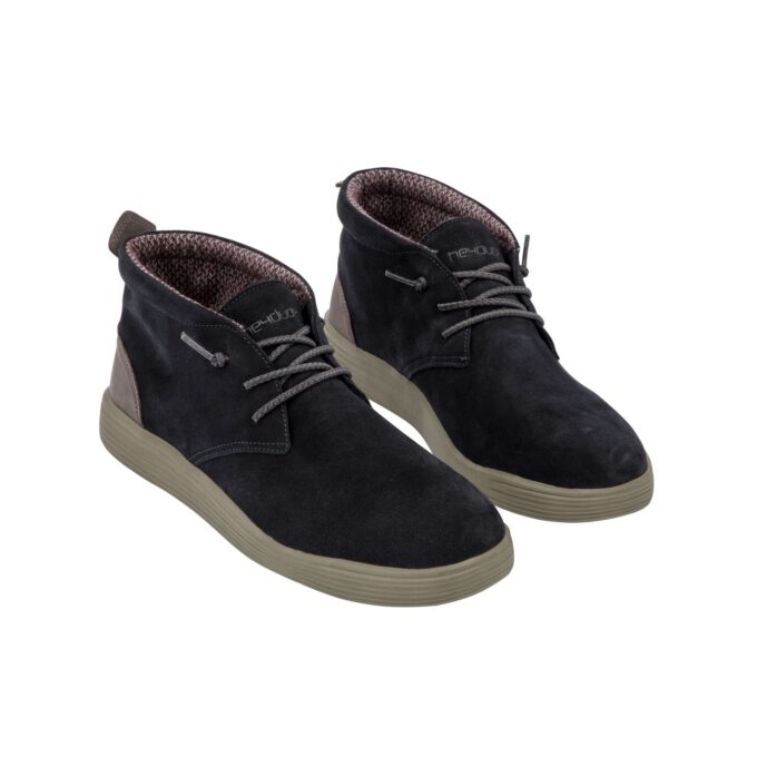 "Pair of Hey Dude men's casual shoes, model 112372680, in dark navy suede with tan heel accents, beige textured soles, and gray laces, displayed on a white background."