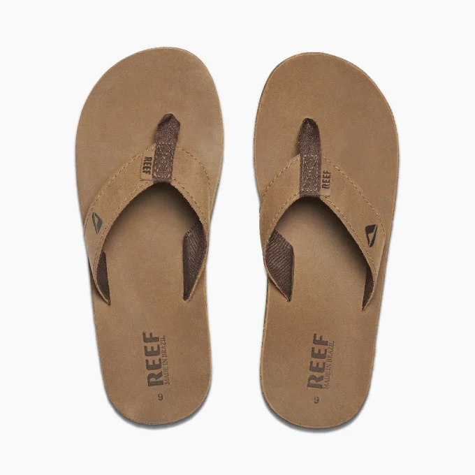 Top view of a pair of brown Reef RF000232BZB flip-flop sandals with dark brown straps."