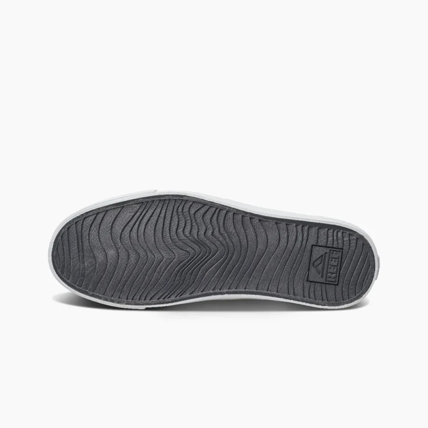 "Bottom sole view of a Reef RF0A3FE4GRW sandal in gray, showcasing a textured wavy tread pattern and embossed Reef logo near the heel."