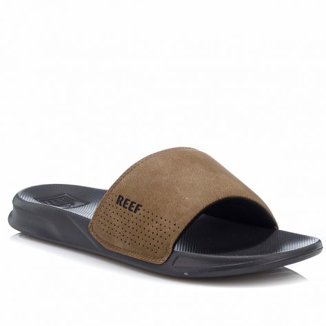 "Front angled view of Reef RF0A3ONDGTA slide sandal with a black footbed and a brown perforated suede strap featuring the Reef logo."