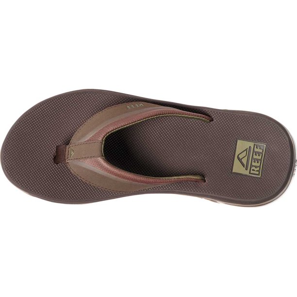 "Top view of a Reef RF0A3YMIBRO men's sandal featuring a textured brown footbed, wide brown and olive straps, and the REEF logo near the heel area."