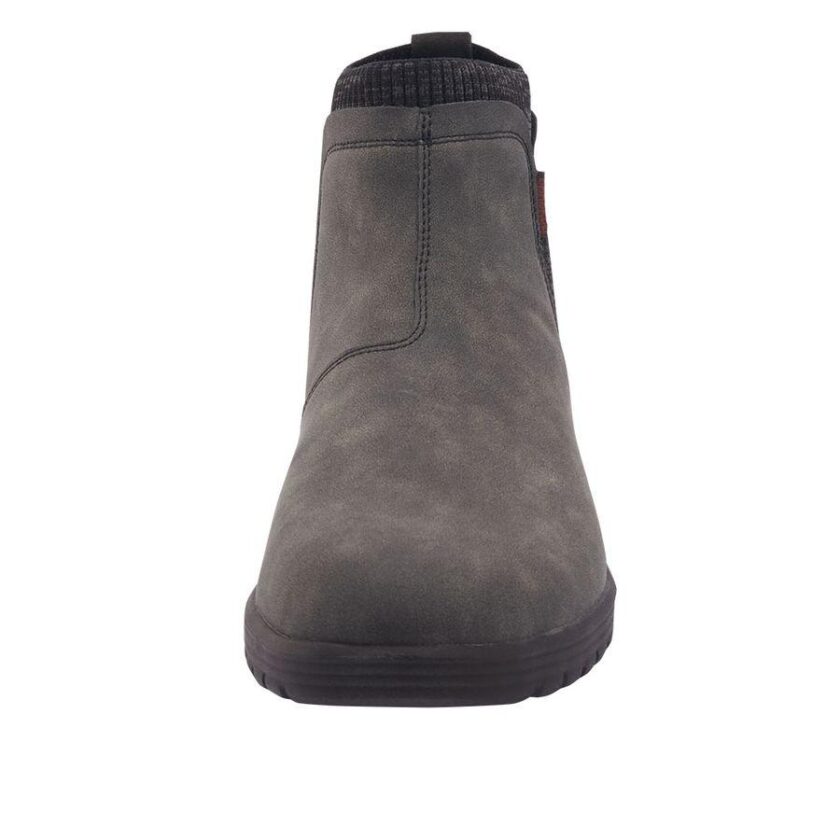 "Front view of Hey Dude dark gray slip-on shoe." "Men’s Hey Dude casual shoe in gray – front profile." "Hey Dude slip-on with rounded toe – front angle."