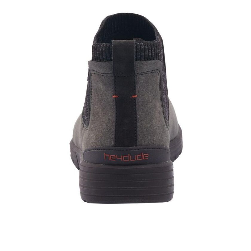 "Rear view of Hey Dude dark gray slip-on shoe." "Hey Dude men’s casual shoe from the back." "Back view of gray Hey Dude ankle-height slip-on."
