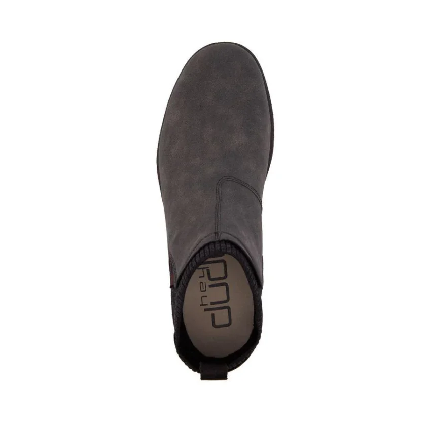 "Hey Dude men's dark gray slip-on shoe, comfortable lightweight casual footwear with rounded toe and elastic ankle collar – top view." This includes: ✅ Brand (Hey Dude) ✅ Target audience (men’s) ✅ Color and style (dark gray slip-on) ✅ Key selling points (comfortable, lightweight, casual) ✅ View perspective (top view)
