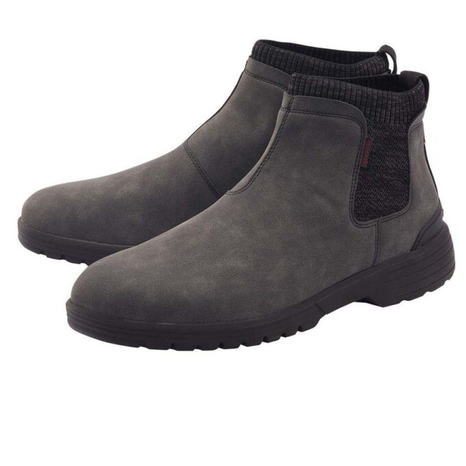 "Pair of Hey Dude men’s dark gray slip-on boots." "Hey Dude casual ankle boots in charcoal gray." "Side view of gray Hey Dude men’s slip-on shoes."