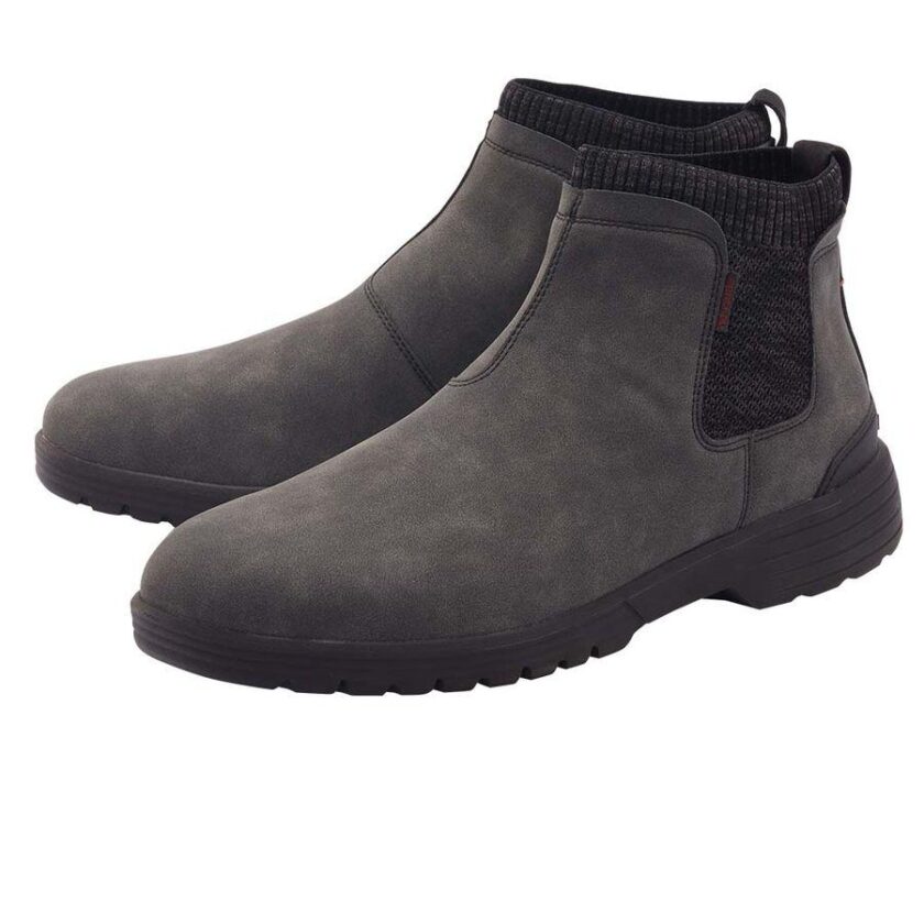 "Pair of Hey Dude men’s dark gray slip-on boots." "Hey Dude casual ankle boots in charcoal gray." "Side view of gray Hey Dude men’s slip-on shoes."