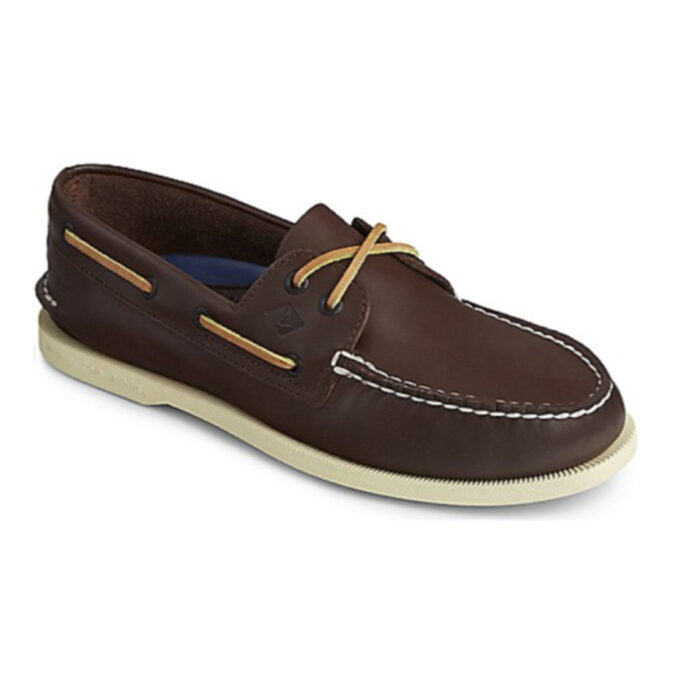 "Front-side view of a Sperry A/O Brown boat shoe with dark brown leather upper, tan leather laces, white contrast stitching, and off-white rubber sole."