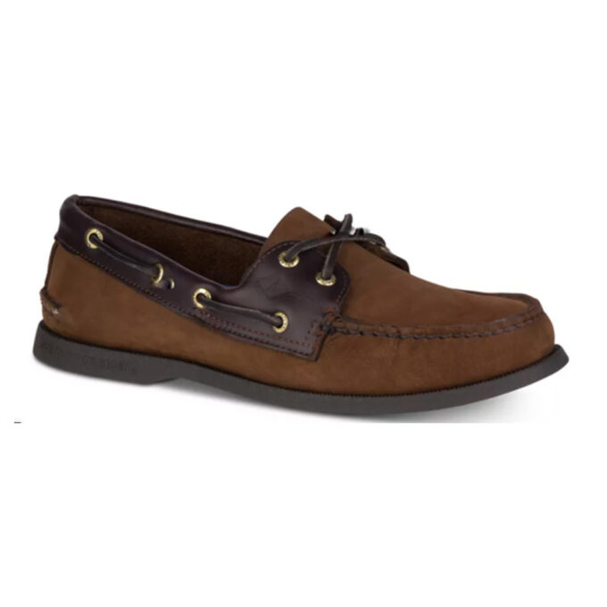 "Side view of a Sperry A/O Brown boat shoe with dark brown leather accents, brown suede upper, leather laces, and black rubber sole."