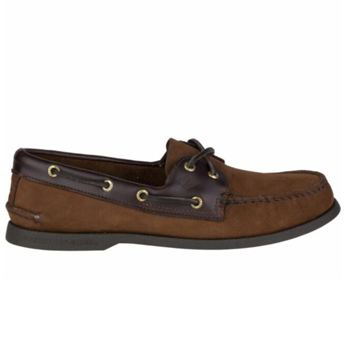 "Side view of a Sperry A/O Brown Buck boat shoe featuring a two-tone leather upper in brown and dark brown, with brown laces threaded through gold-tone eyelets and visible moc-toe stitching."