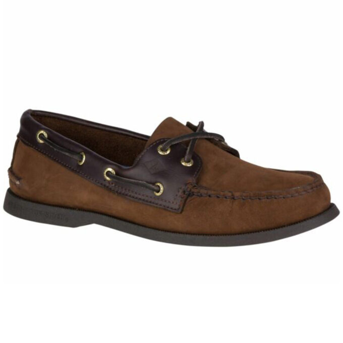 "Side view of a Sperry A/O Brown Buck boat shoe featuring a two-tone leather upper in brown and dark brown with gold-tone eyelets, moc-toe stitching, and a dark rubber sole."