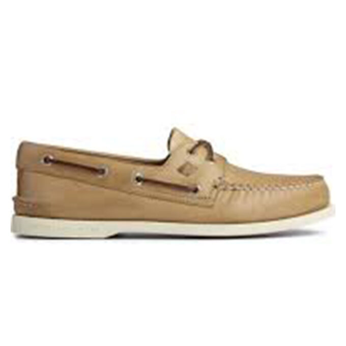 "Side profile of a tan Sperry A/O Oatmeal boat shoe featuring moc-toe stitching, brown rawhide laces threaded through metal eyelets, and a white non-marking rubber outsole."