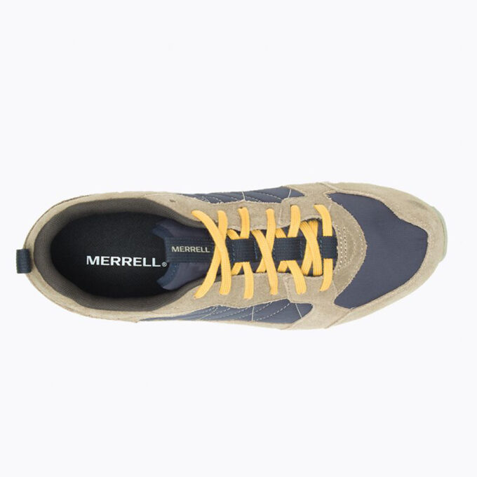 "Top view of a Merrell ALPINE SNEAKER (model MER-J002599) showing beige suede and navy blue fabric upper, mustard yellow laces, black inner sole with the Merrell logo, and a black heel pull tab."