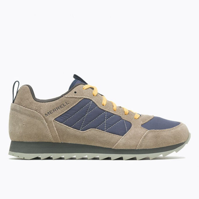 "Side view of a Merrell ALPINE SNEAKER (model MER-J002599) showcasing beige suede and navy blue fabric upper, mustard yellow laces, black heel pull tab, and a light gray jagged rubber sole."