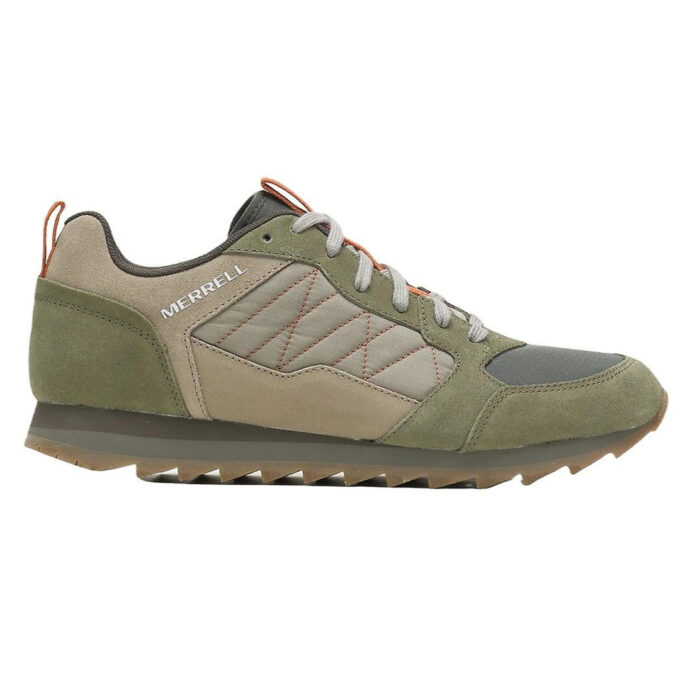 "Side view of a Merrell ALPINE SNEAKER (model MER-J003277) in earthy tones of olive green, beige, and dark gray, with gray laces, orange stitching details, a textured rubber sole with ridges, and the Merrell logo on the side near the heel."
