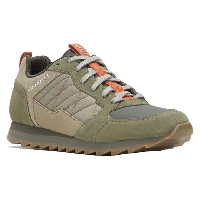 "Front-side angled view of a Merrell ALPINE SNEAKER (model MER-J003277) in olive green, beige, and dark gray, featuring gray laces, an orange lace loop, stitched panels, a rugged gum sole with a sawtooth tread, and the Merrell logo on the side near the heel."