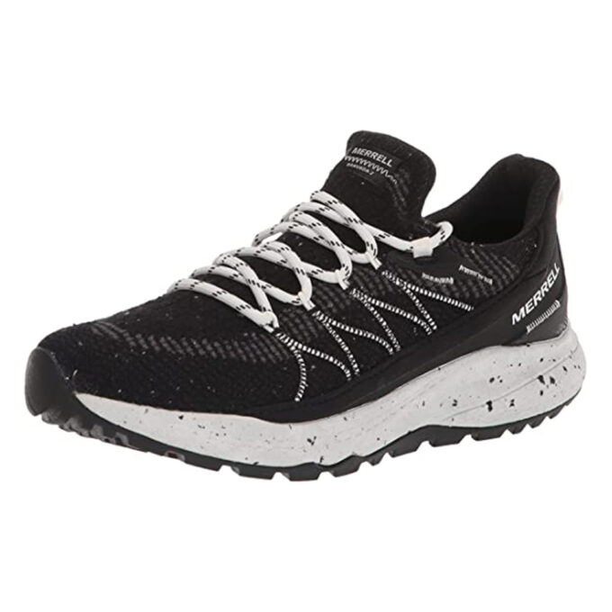 "Front-side view of Merrell Bravada 2 hiking shoe (model MER-J036604) in black, featuring white speckled laces, knit upper, and a speckled cushioned midsole designed for trail comfort."