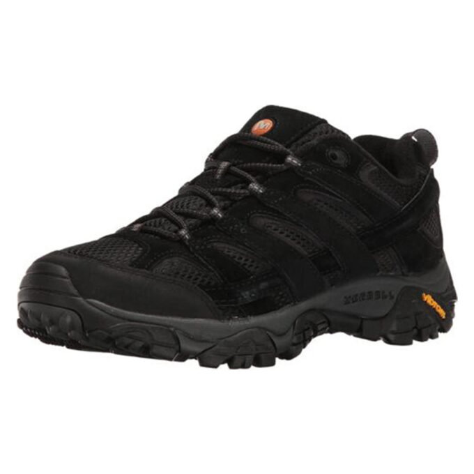 "Angled front view of a black Merrell MOAB 2 Vent hiking shoe (model MER-J06017), featuring breathable mesh panels, durable suede leather overlays, and a rugged Vibram® outsole with visible branding near the heel."