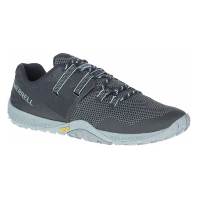 "Front angled view of a dark grey Merrell TRAIL GLOVES minimalist trail running shoe with light grey sole and patterned laces."