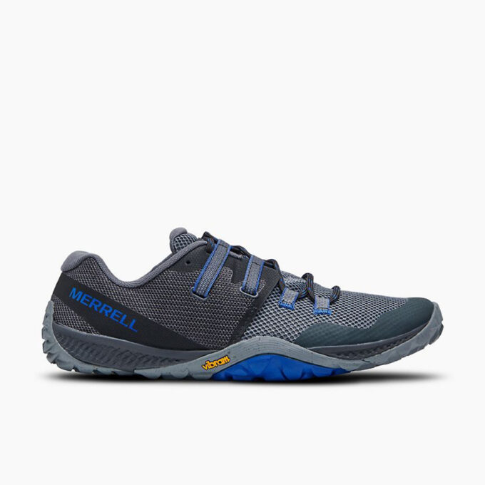 "Side view of a gray and blue Merrell TRAIL GLOVES 6 minimalist trail running shoe with Vibram sole on a white background."