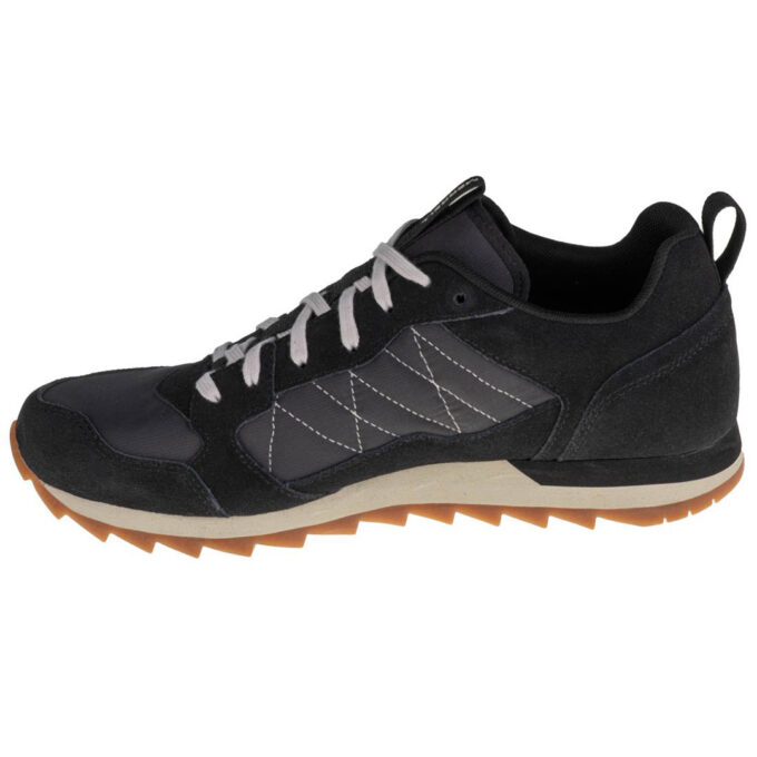 "Side view of the Merrell ALPINE SNEAKER MER-J16695 in black with gray laces, featuring a suede and fabric upper and a gum rubber sole."